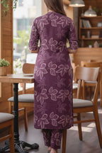 Plum Floral Printed Viscose Rayon Kurta Pant Set for Women