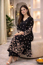 Elegant Black Floral Printed Viscose Rayon Kurta Set for Women