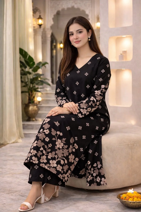 Elegant Black Floral Printed Viscose Rayon Kurta Set for Women