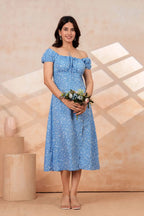 Blue Floral Printed Rayon Midi Dress with Side Slit