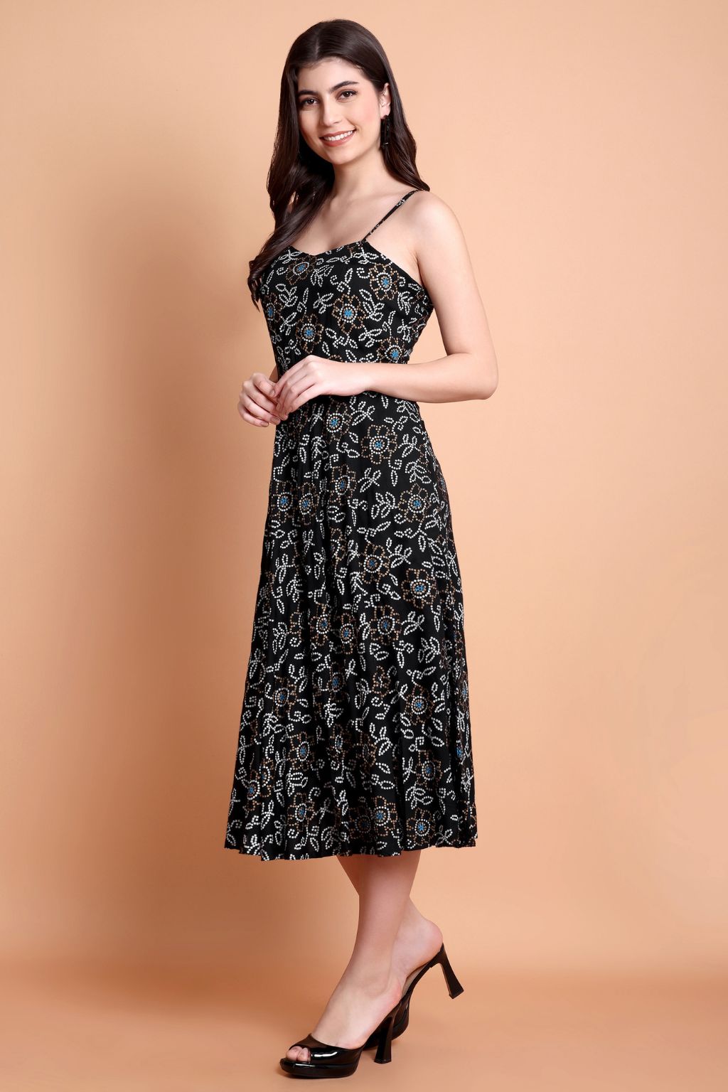 Black Floral Printed Viscose Rayon Fit & Flare Dress for Women