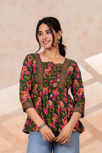 Women's Floral Printed Rayon Peplum Top | 3/4 Sleeves | Lace-Up Front Detail