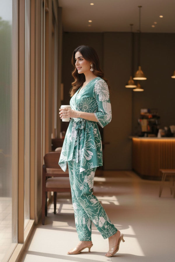 Green Floral Printed Cotton Co-ord Set for Women