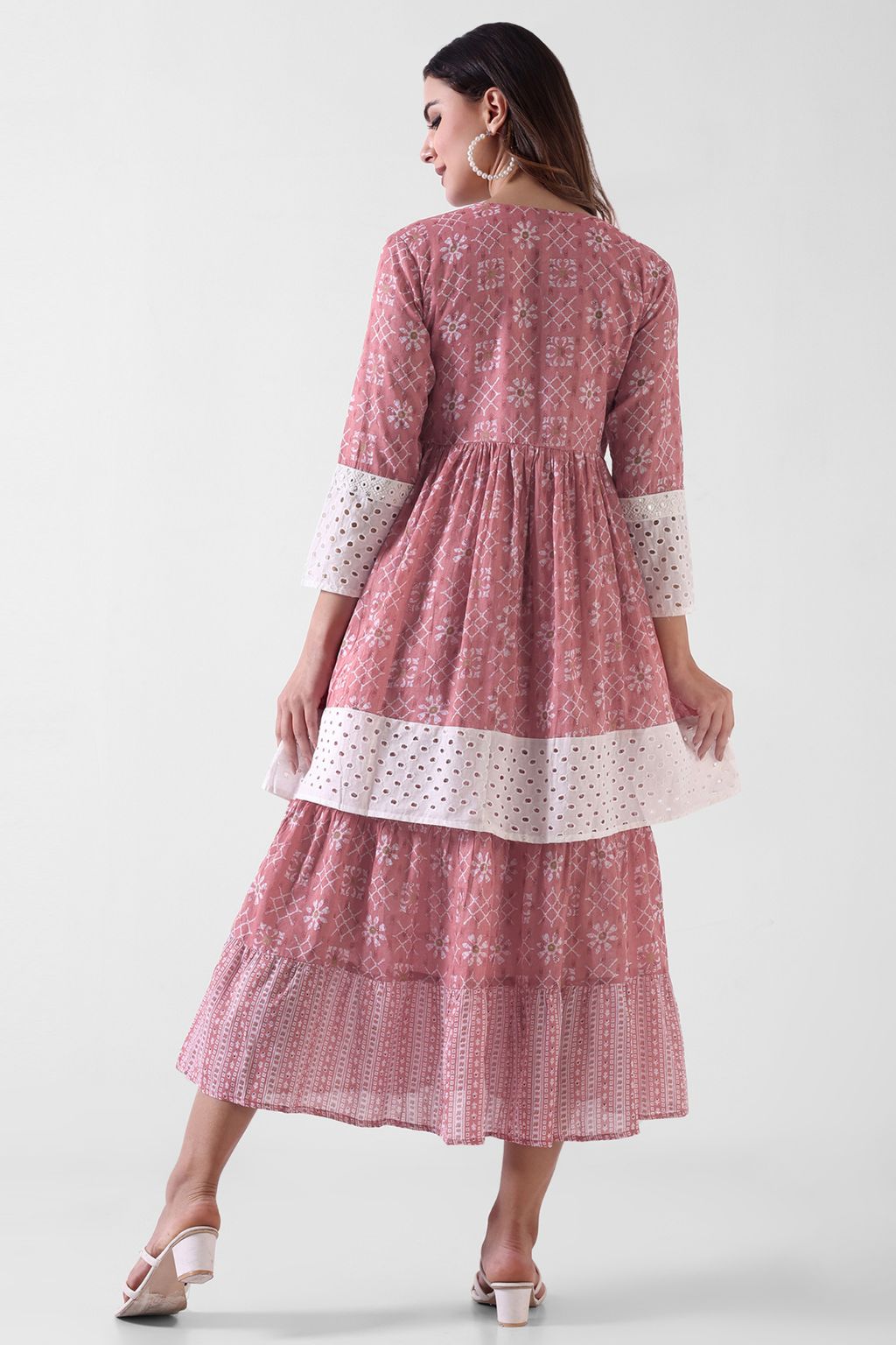 Pink Printed Viscose Rayon Tiered Midi Dress for Women