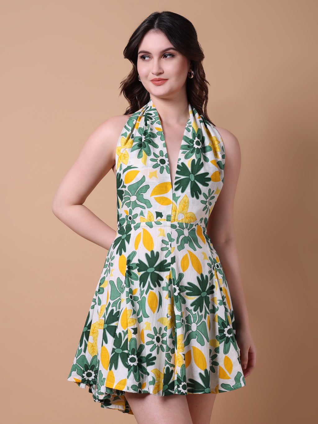 Green & Yellow Floral Mini Dress