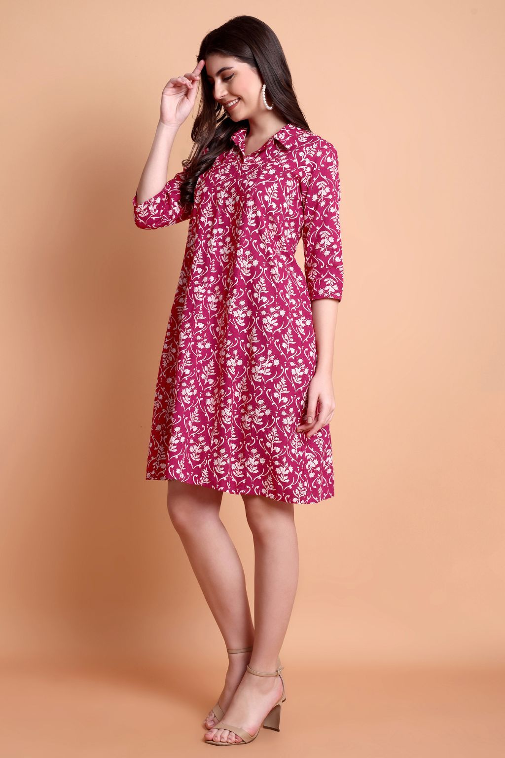Pink Floral Printed Viscose Rayon A-Line Kurti for Women