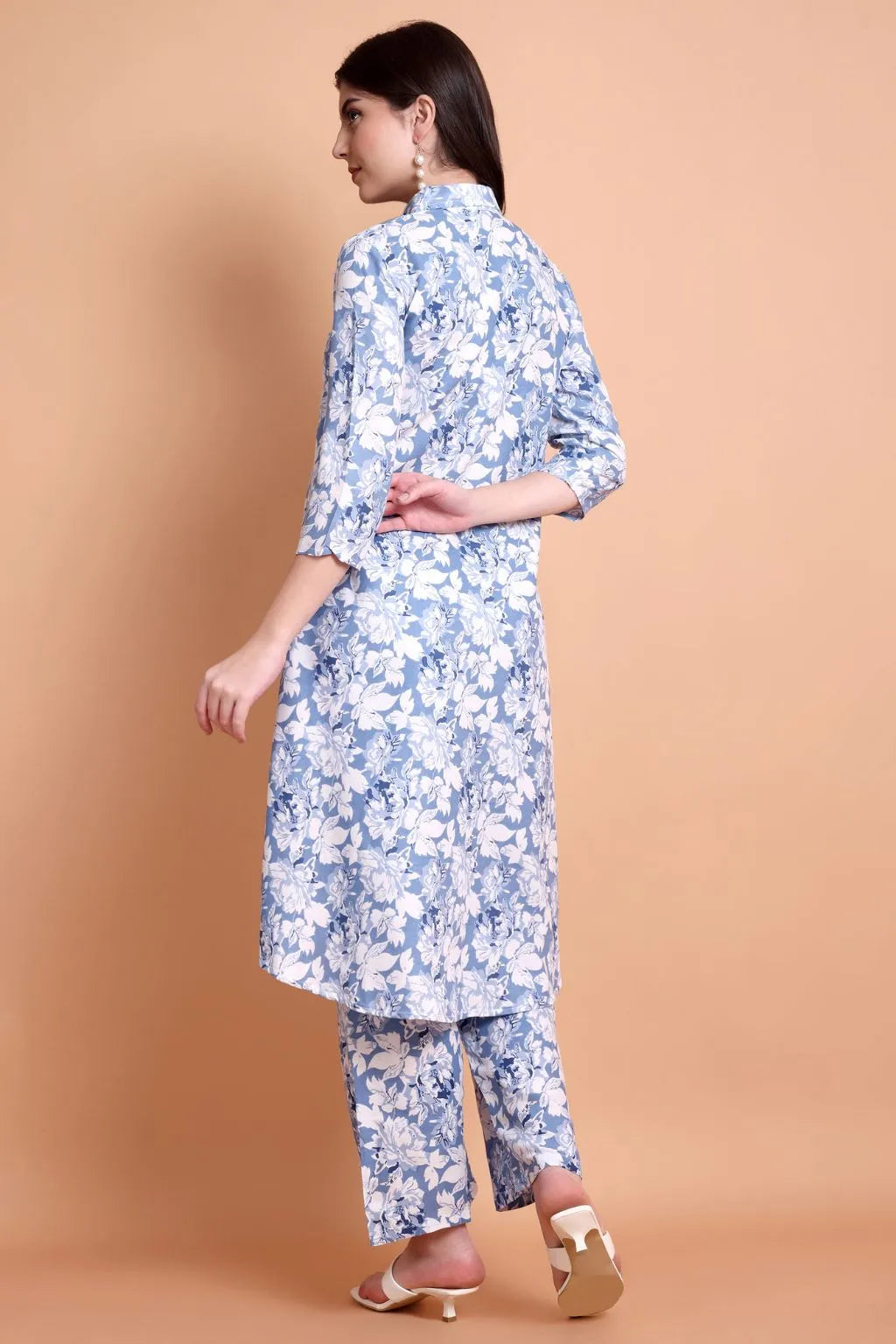 Women Blue Floral Printed Viscose Rayon Kurta Set | Shirt Collar Kurti with Pants