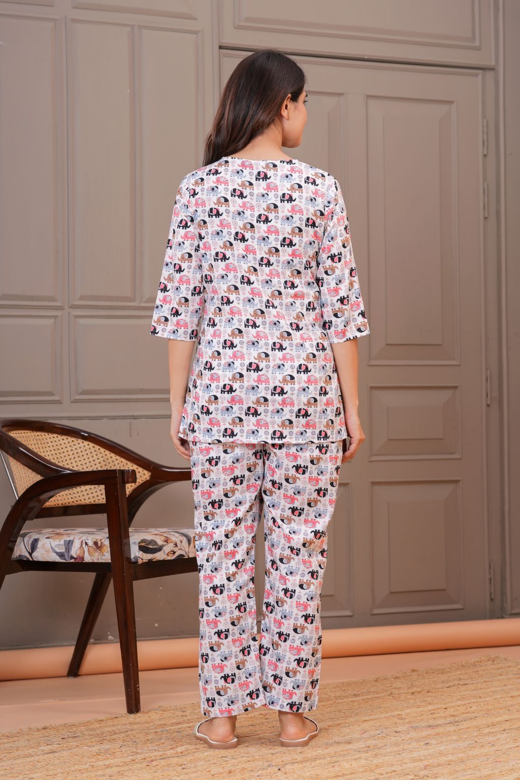 White Elephant Printed Cotton Night Suit Set for Women