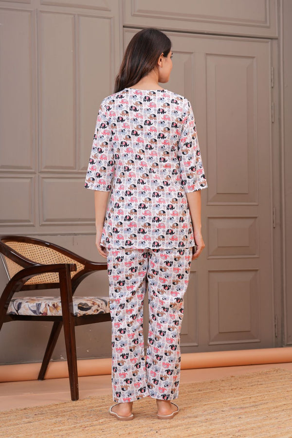 White Elephant Printed Cotton Night Suit Set for Women