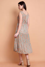 Sea Green Floral Printed Sleeveless Midi Dress for Women