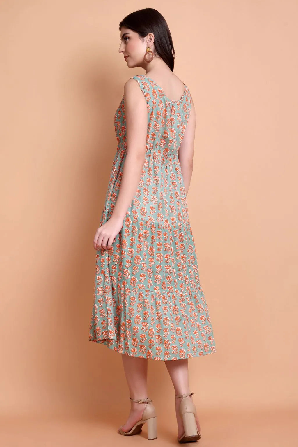 Women Green Floral Printed Viscose Rayon Midi Dress | Sleeveless A-Line Casual Dress
