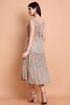 Women Green Floral Printed Viscose Rayon Midi Dress | Sleeveless A-Line Casual Dress