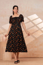 Black Floral Printed Rayon Midi Dress with Side Slit