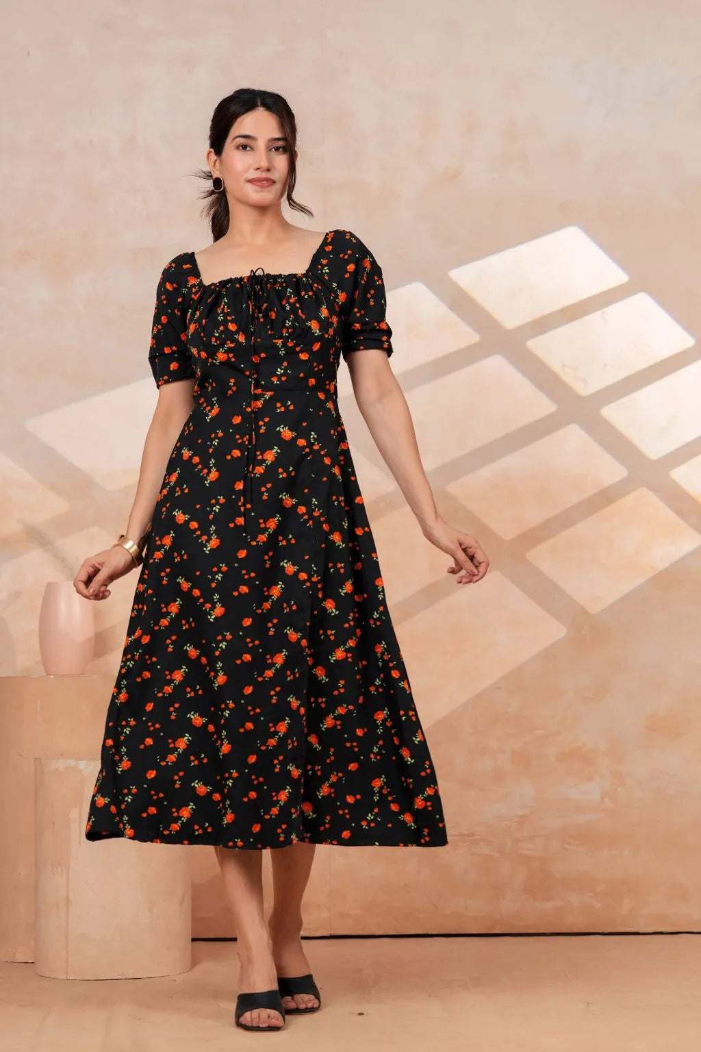 Black Floral Printed Rayon Midi Dress with Side Slit
