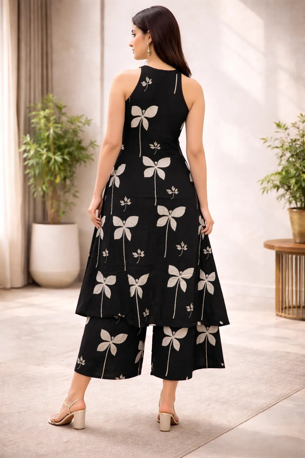 Black Printed Viscose Rayon Kurta Set for Women