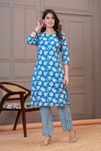 Blue Floral Printed Cotton Kurta Pant Set for Women