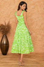 Women Green Printed Viscose Rayon Midi Dress | Sleeveless Tie-Up Strap A-Line Dress