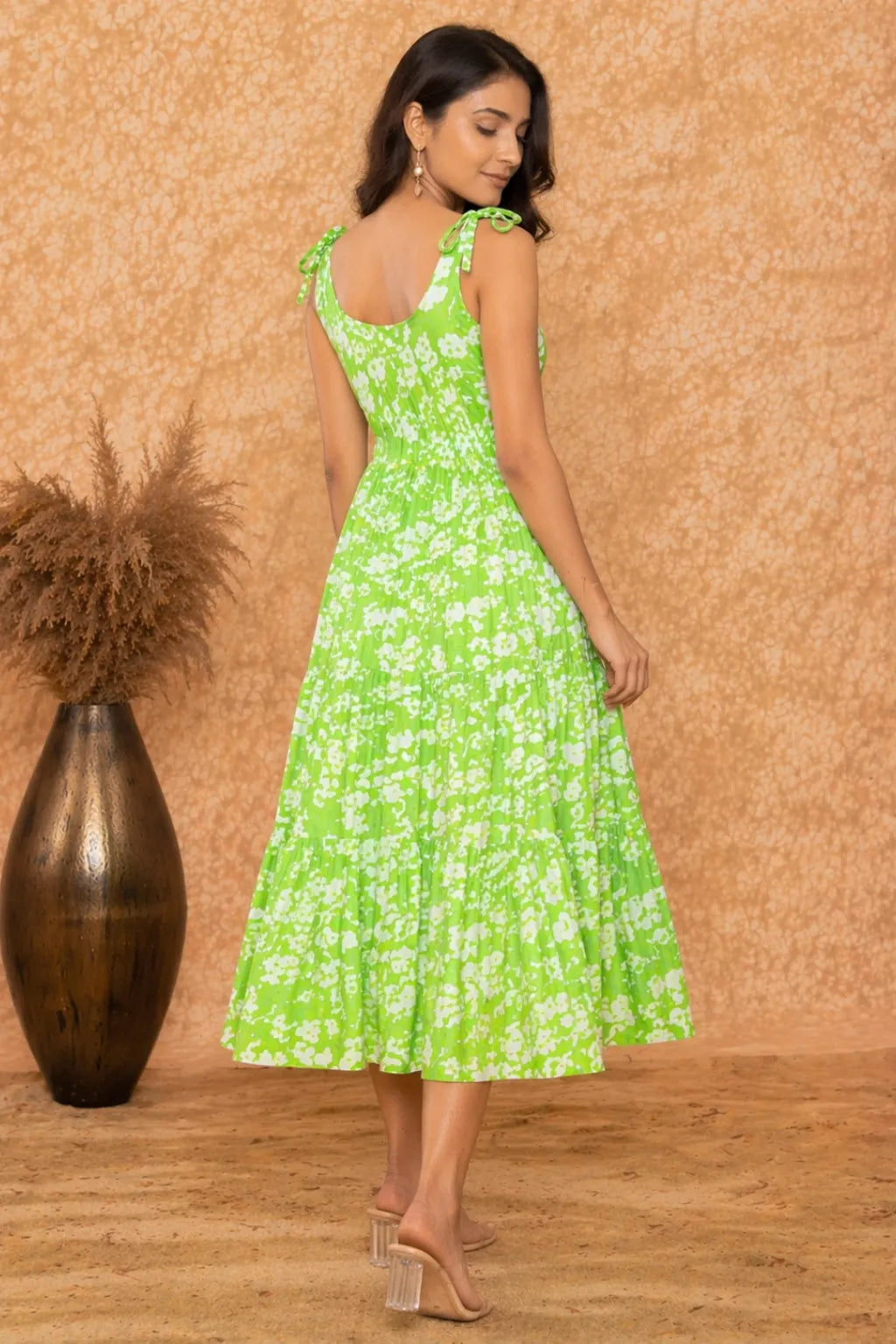Women Green Printed Viscose Rayon Midi Dress | Sleeveless Tie-Up Strap A-Line Dress