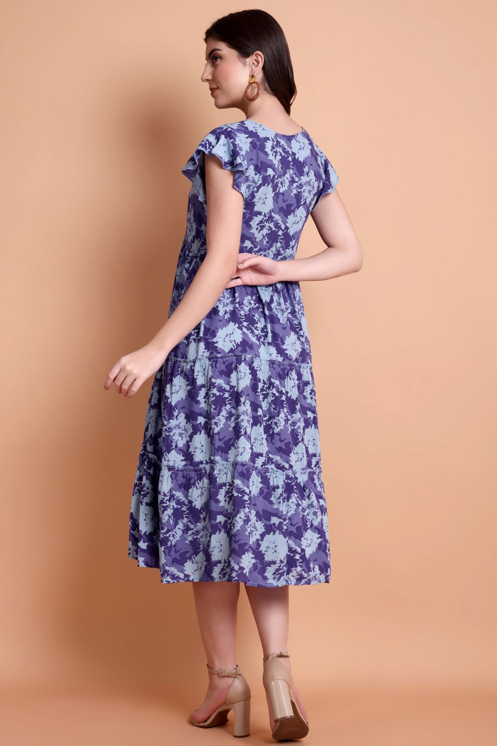 Purple Printed Viscose Rayon Tiered Midi Dress for Women