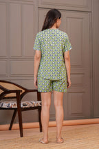 Olive Green Elephant Printed Cotton Night Suit Shorts Set for Women