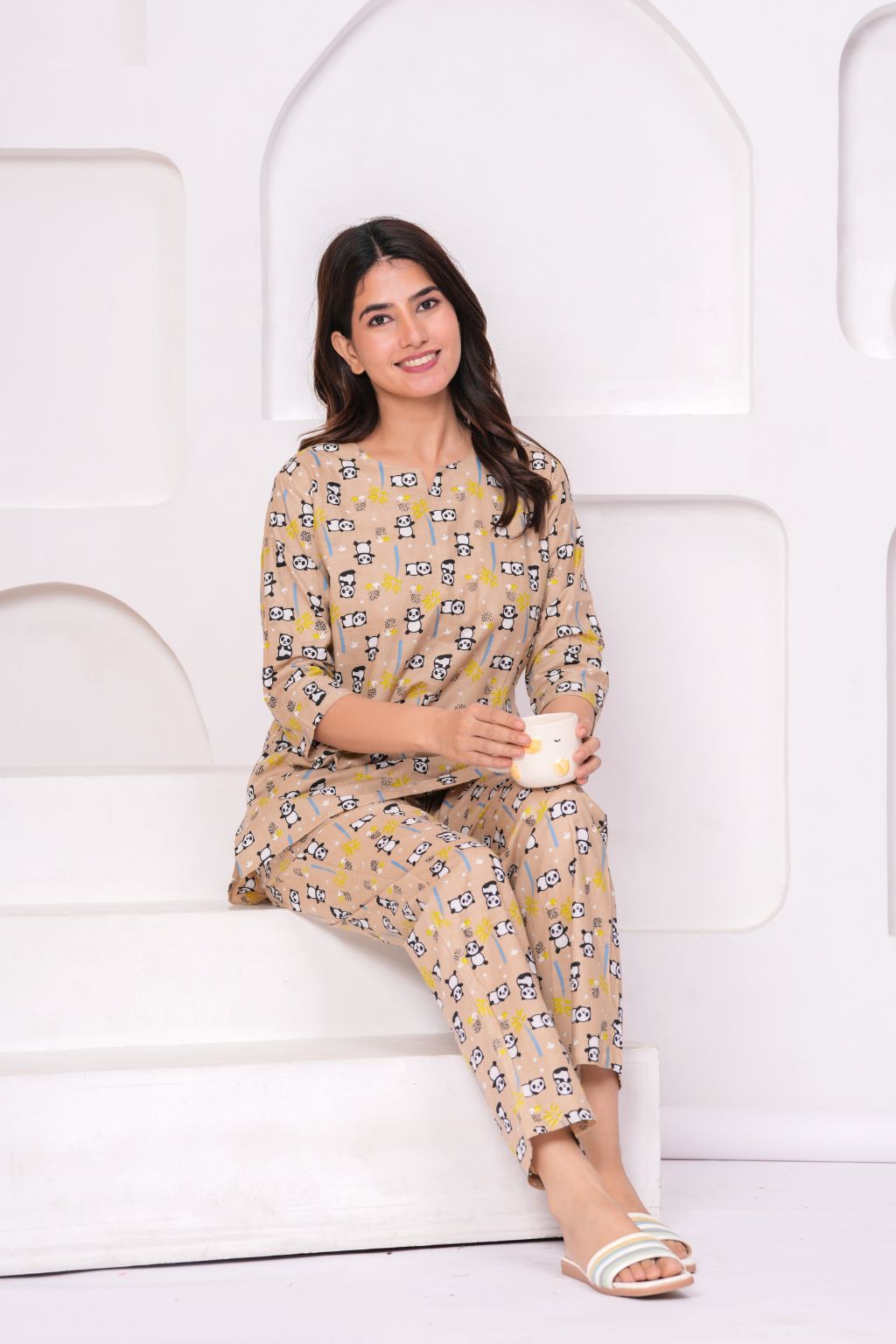 Beige Cartoon Printed Cotton Night Suit Set for Women