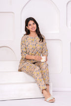 Beige Cartoon Printed Cotton Night Suit Set for Women