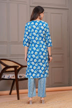 Blue Floral Printed Cotton Kurta Pant Set for Women
