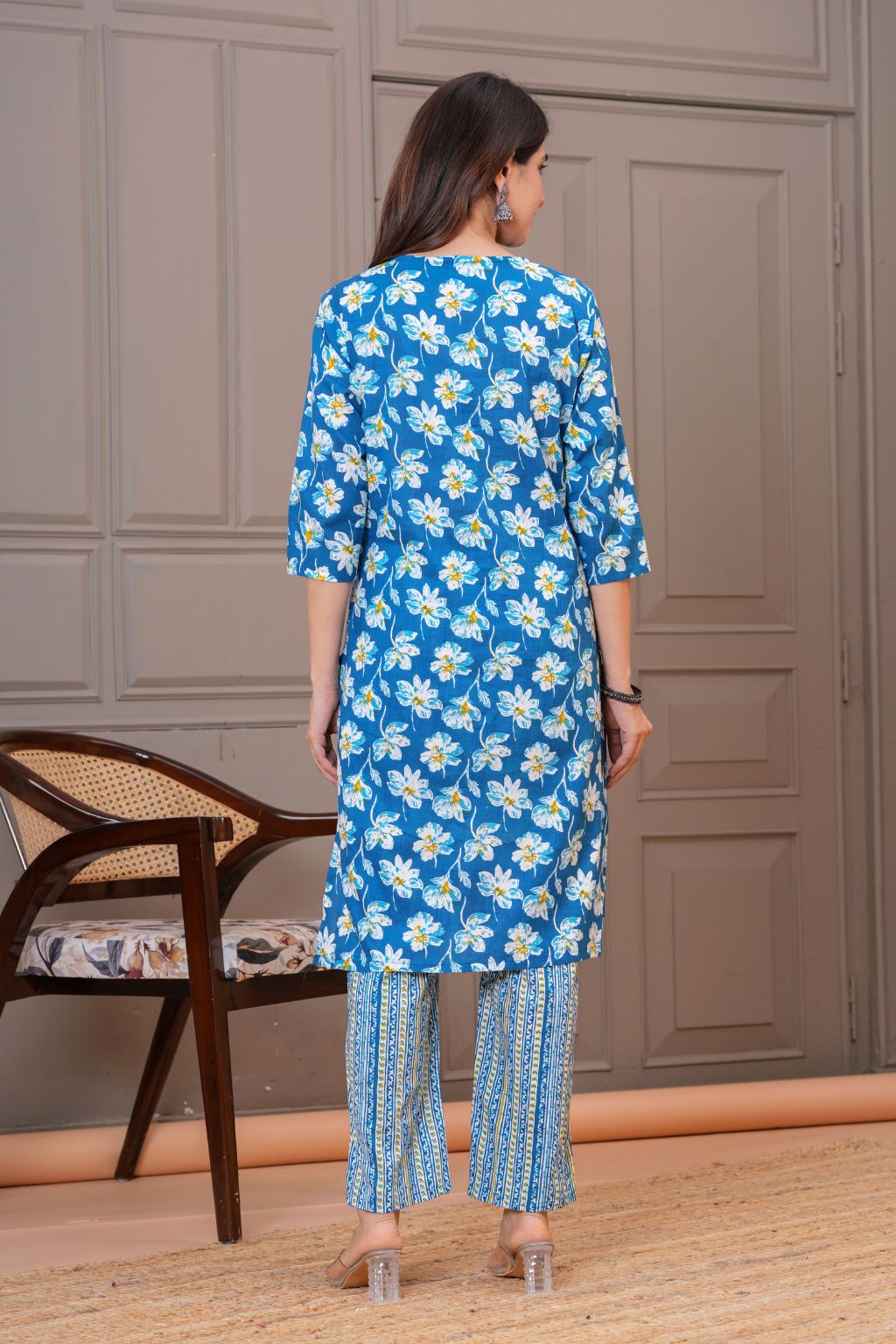 Blue Floral Printed Cotton Kurta Pant Set for Women