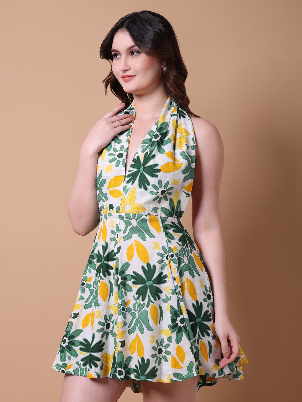Green & Yellow Floral Mini Dress