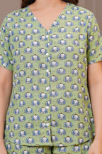 Olive Green Elephant Printed Cotton Night Suit Shorts Set for Women
