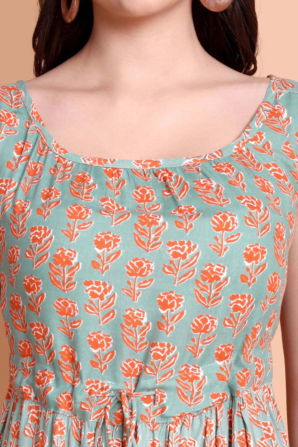 Sea Green Floral Printed Sleeveless Midi Dress for Women