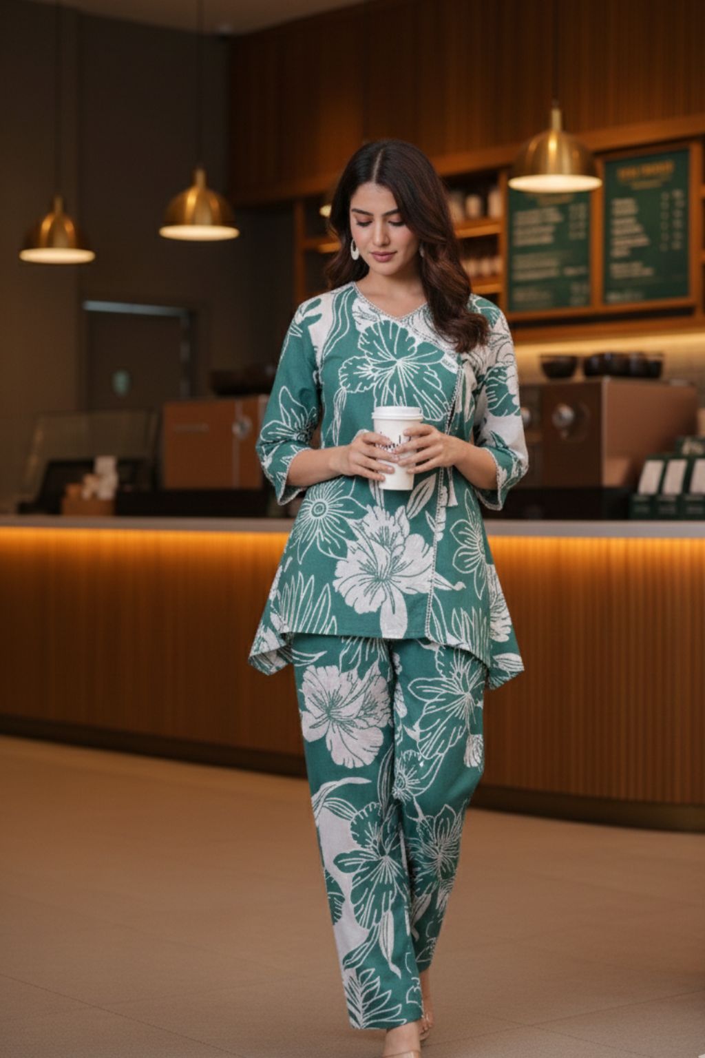 Green Floral Printed Cotton Co-ord Set for Women