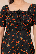 Black Floral Printed Rayon Midi Dress with Side Slit