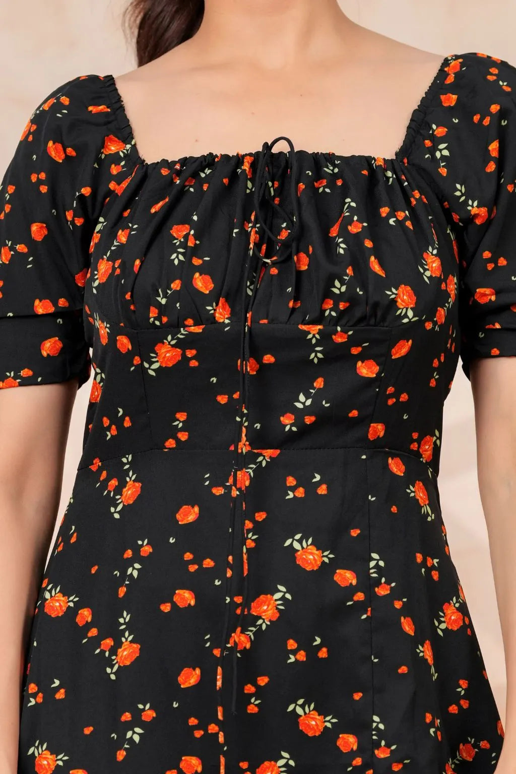 Black Floral Printed Rayon Midi Dress with Side Slit