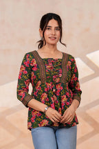 Women's Floral Printed Rayon Peplum Top | 3/4 Sleeves | Lace-Up Front Detail