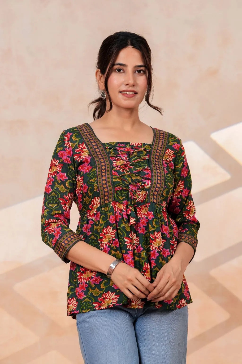 Women's Floral Printed Rayon Peplum Top | 3/4 Sleeves | Lace-Up Front Detail