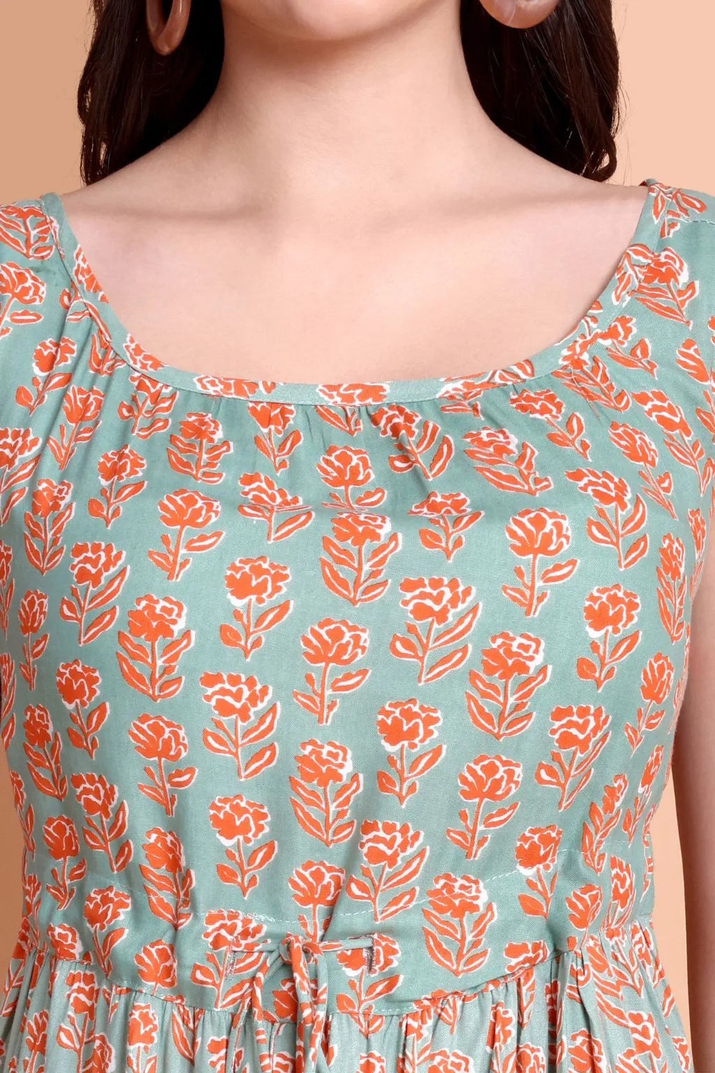 Women Green Floral Printed Viscose Rayon Midi Dress | Sleeveless A-Line Casual Dress