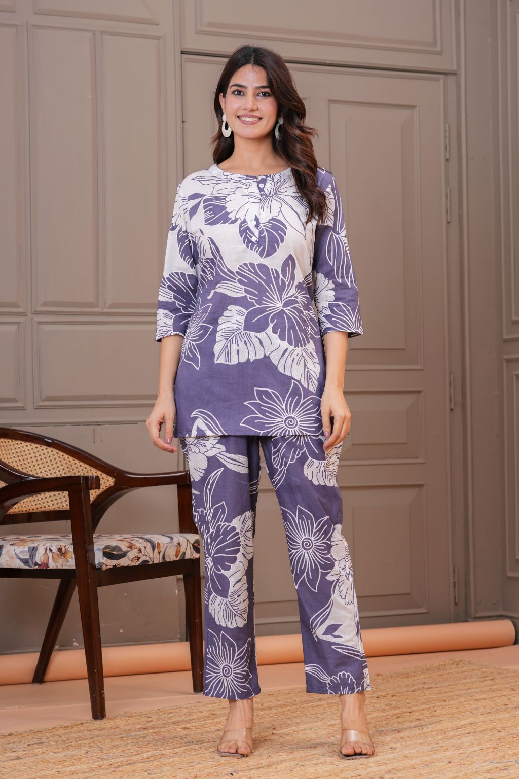 Lavender Floral Printed Viscose Rayon Co-ord Set for Women