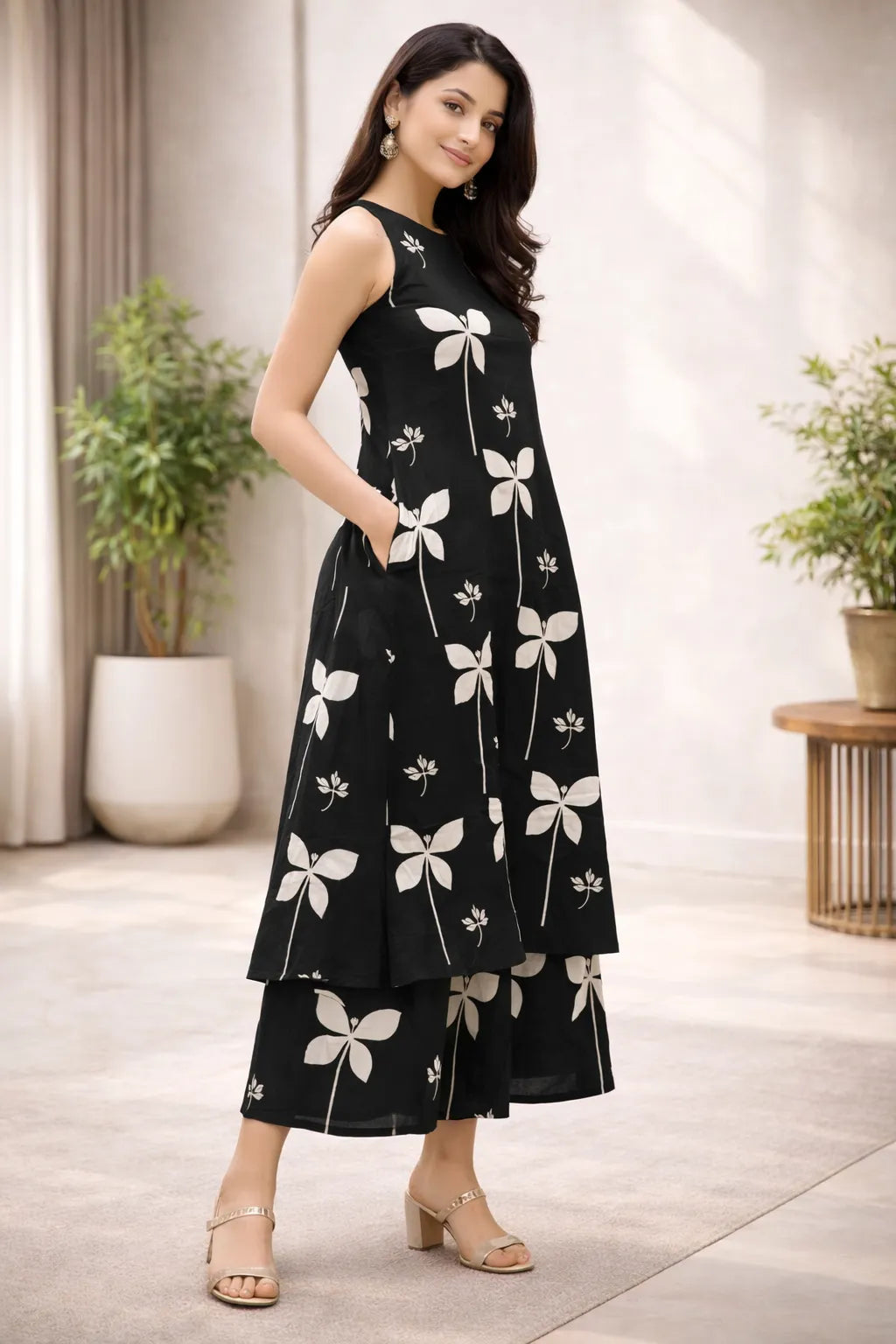 Black Printed Viscose Rayon Kurta Set for Women