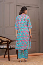Turquoise Floral Printed Pure Cotton Kurta Pant Set for Women