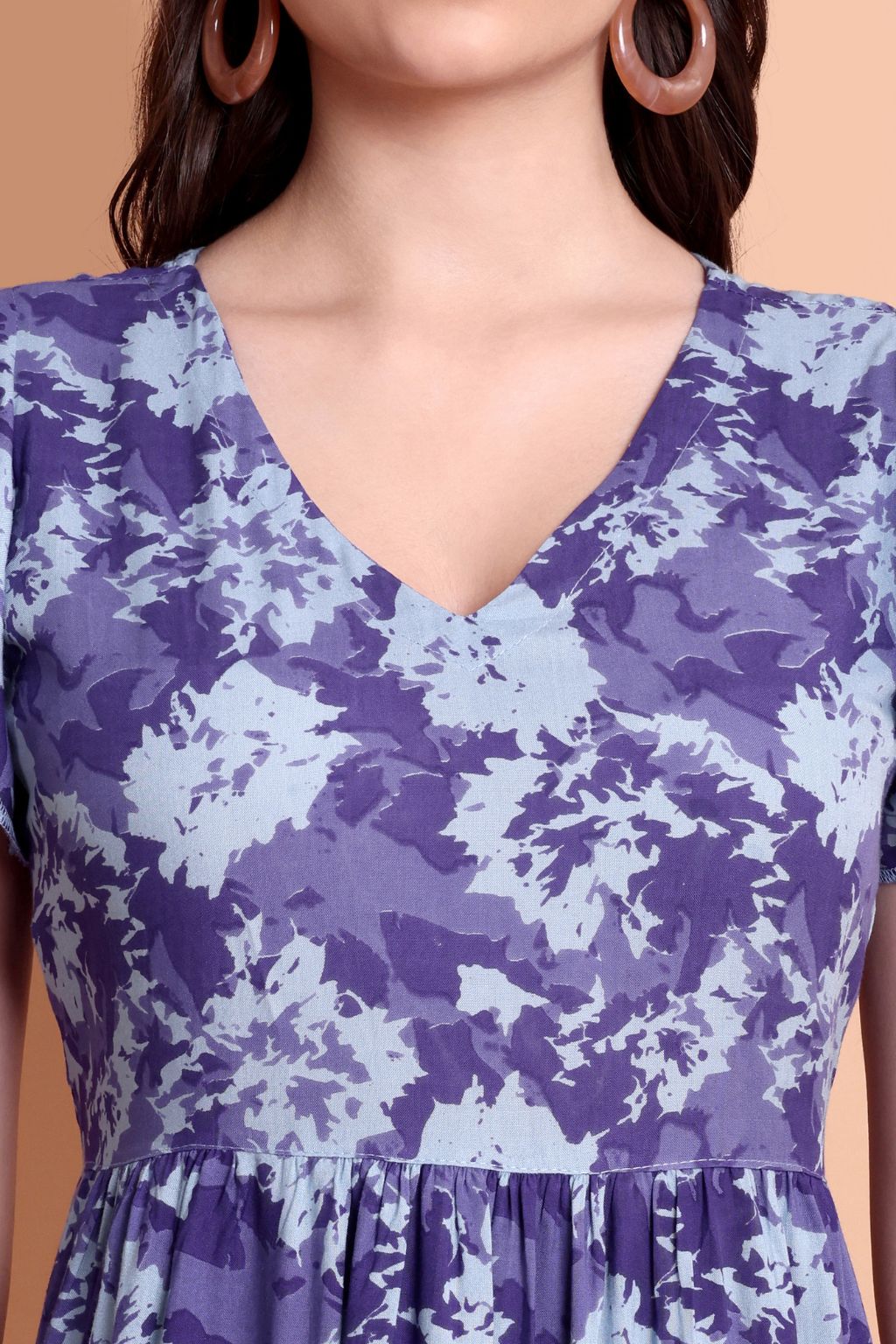 Purple Printed Viscose Rayon Tiered Midi Dress for Women