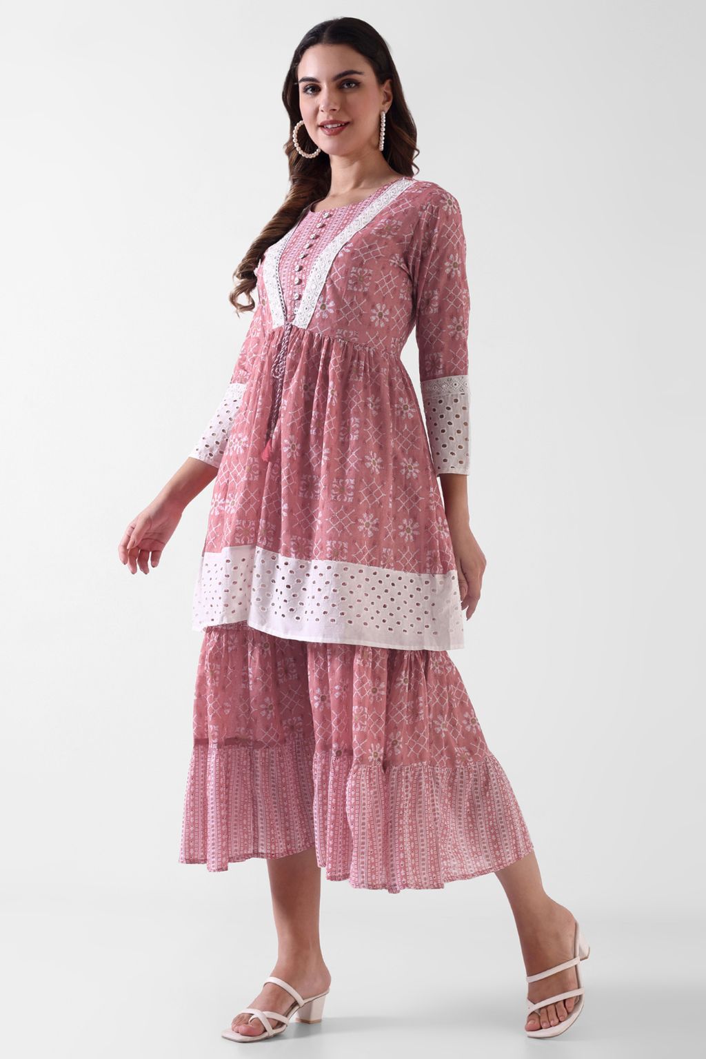 Pink Printed Viscose Rayon Tiered Midi Dress for Women