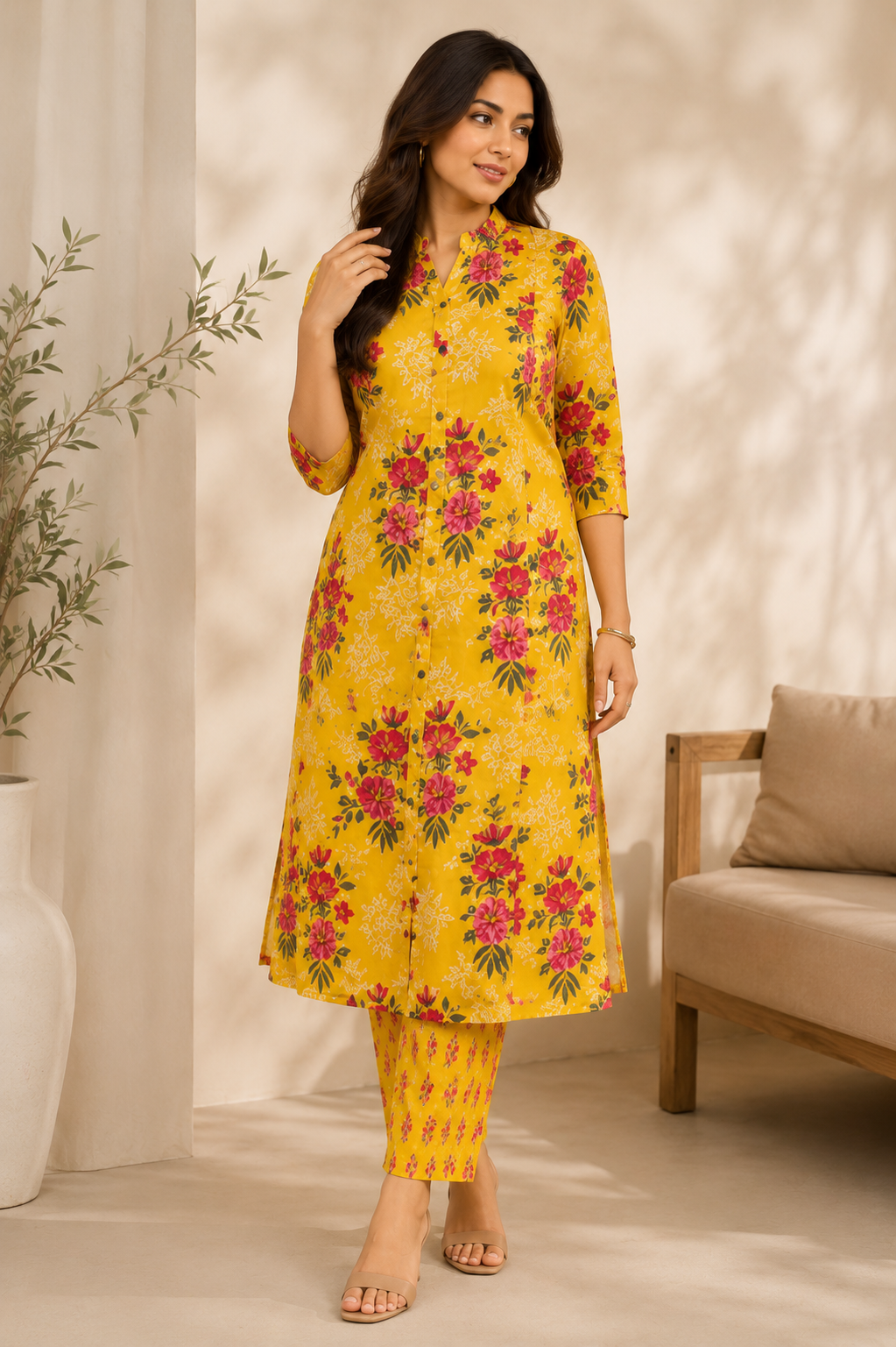 Mustard Floral Kurta Set