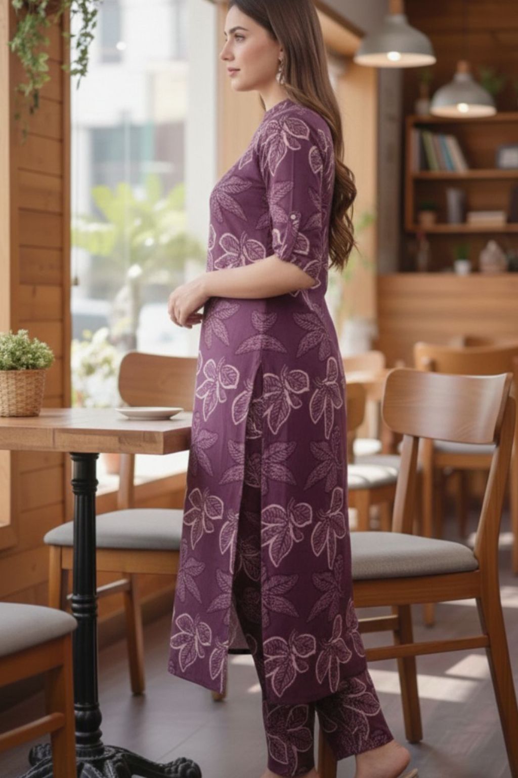 Plum Floral Printed Viscose Rayon Kurta Pant Set for Women