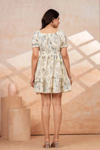 Women's Cream Floral Print Smocked Waist Mini Dress