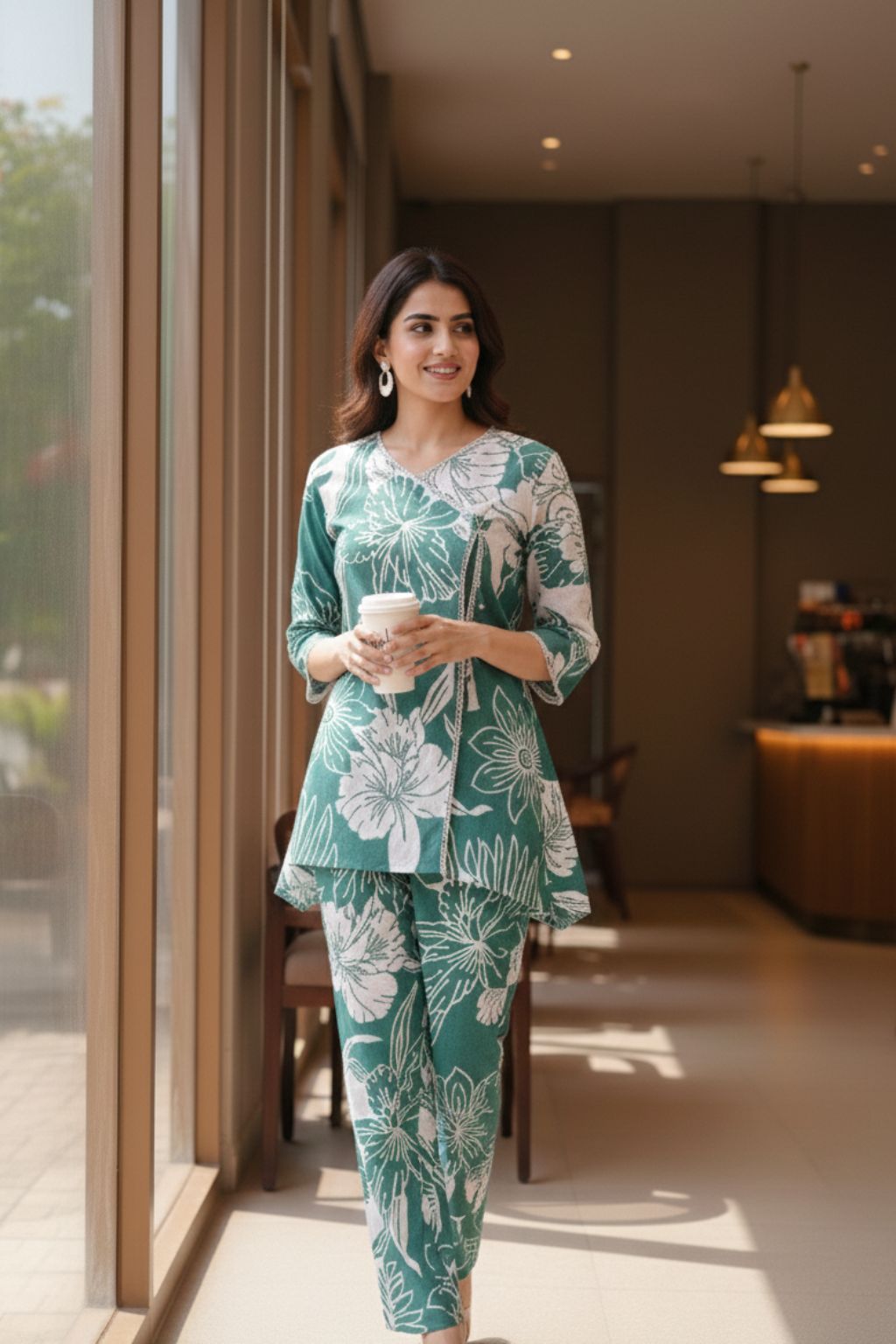 Green Floral Printed Cotton Co-ord Set for Women