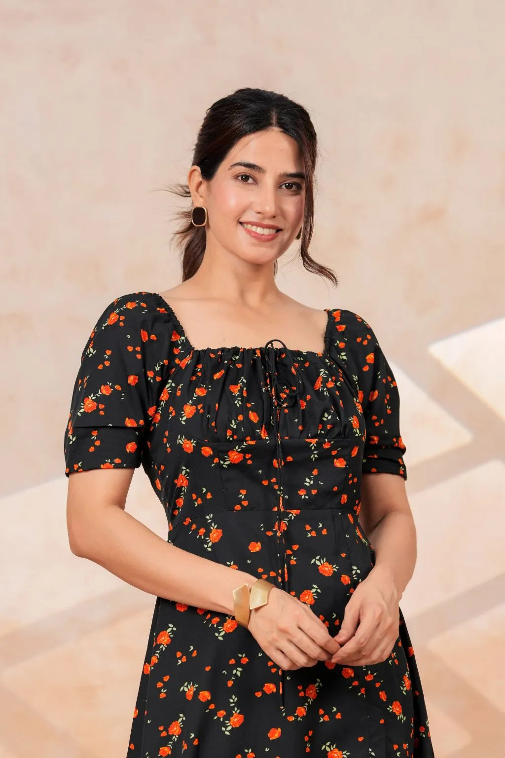 Black Floral Printed Rayon Midi Dress with Side Slit