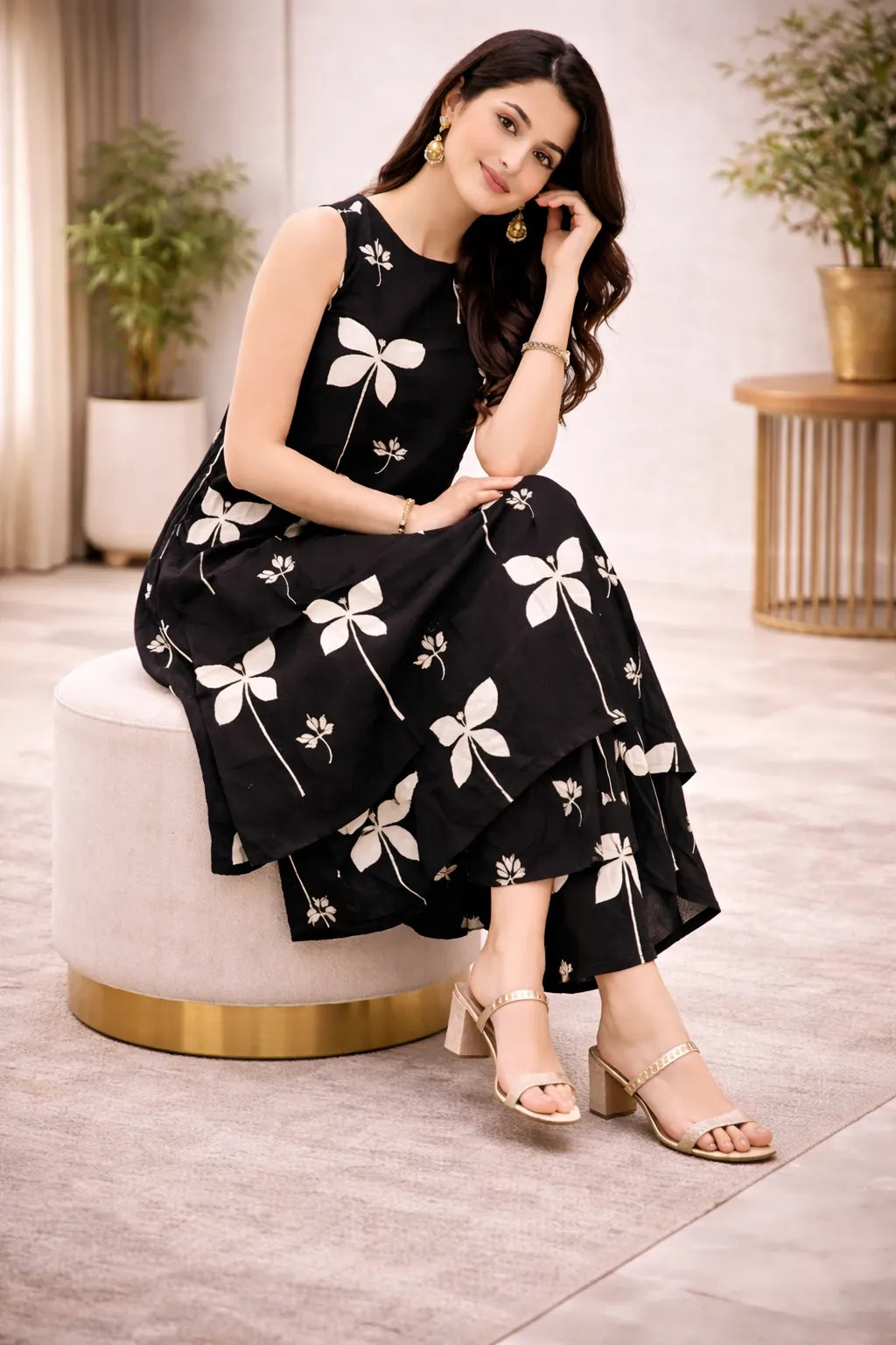 Black Printed Viscose Rayon Kurta Set for Women