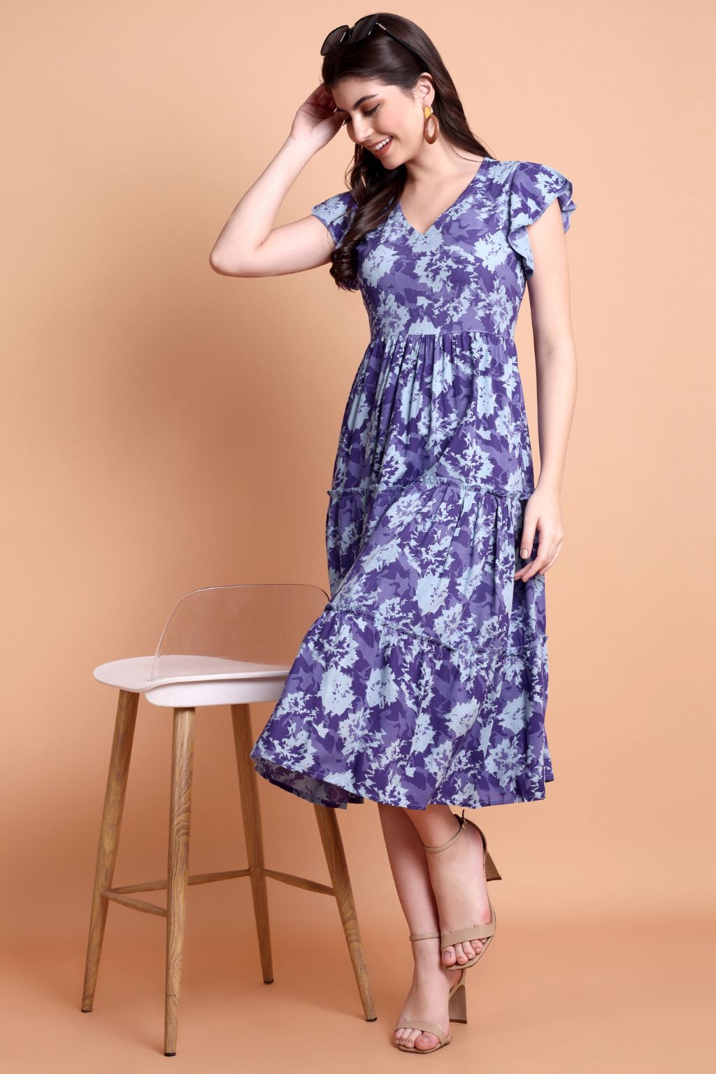 Purple Printed Viscose Rayon Tiered Midi Dress for Women