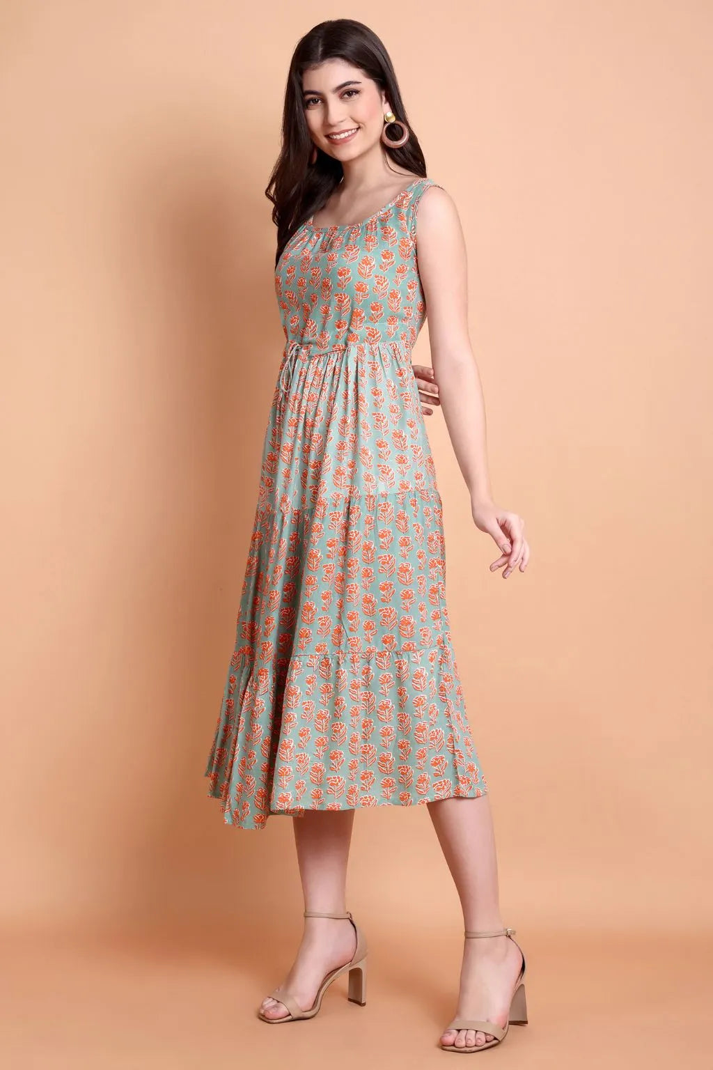 Women Green Floral Printed Viscose Rayon Midi Dress | Sleeveless A-Line Casual Dress